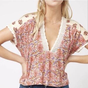 Free People Leilani Floral Print Hi Lo Crochet Hem Boho Crop Top Size Large